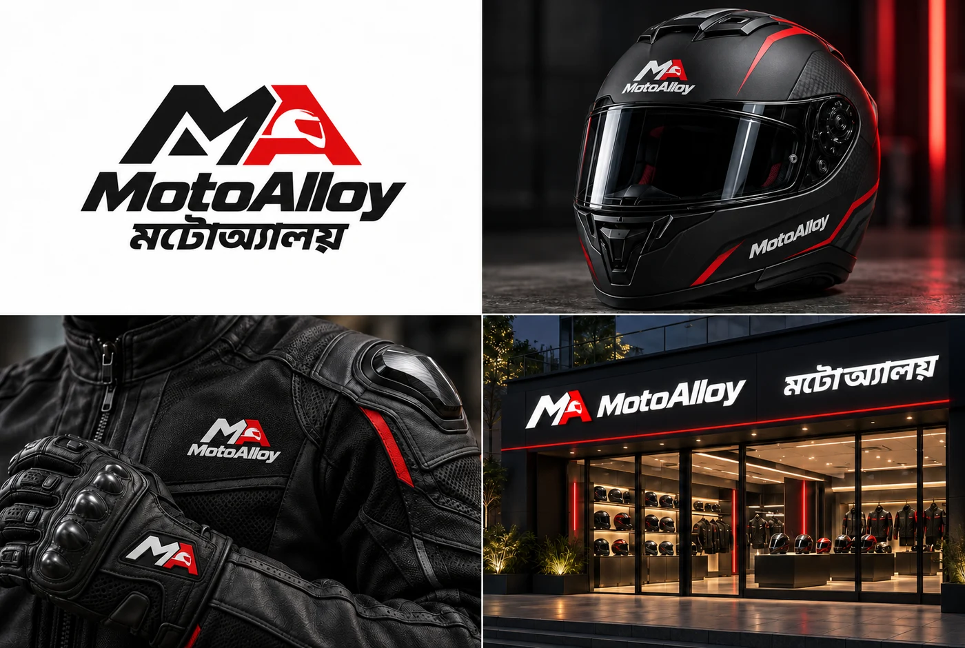 MotoAlloy identity concepts on helmet, clothing and showroom signage